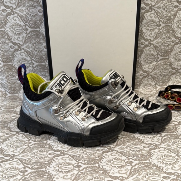 Gucci Silver and Black Flashtrek Sneakers with Crystal Straps - Picture 2 of 9